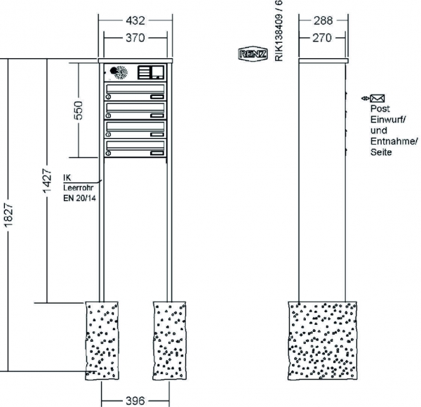 RENZ Briefkastenanlage freistehend, Tetro, Edelstahl V4A, Kastenformat 370x110x270mm, mit Klingel - & Lichttaster und Vorbereitung Gegensprechanlage, 4-teilig